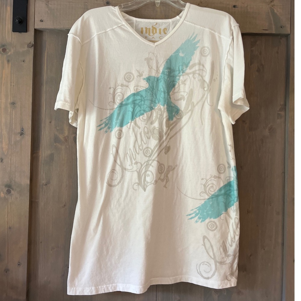 Y2K Indie Peace Organic Cotton T-Shirt Blue Bird Graphic‎ V-Neck Menswear XL